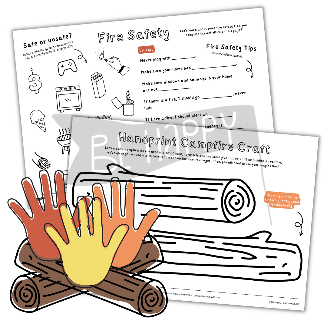 Handprint Campfire Craft & Fire Safety Worksheets Be Happy Resources