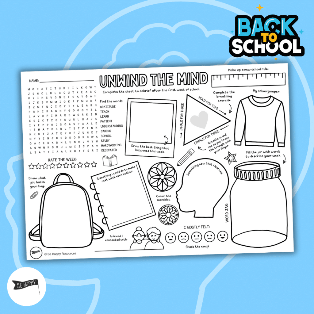 Unwind the Mind Activity Mat - Calming First Week of School Reflection Worksheet
