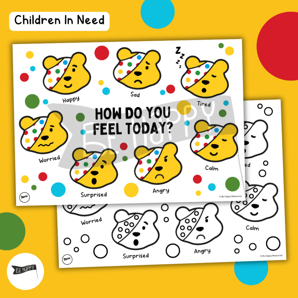 Pudsey Emotion Check In Sheet with Colourable Version! - Children in Need