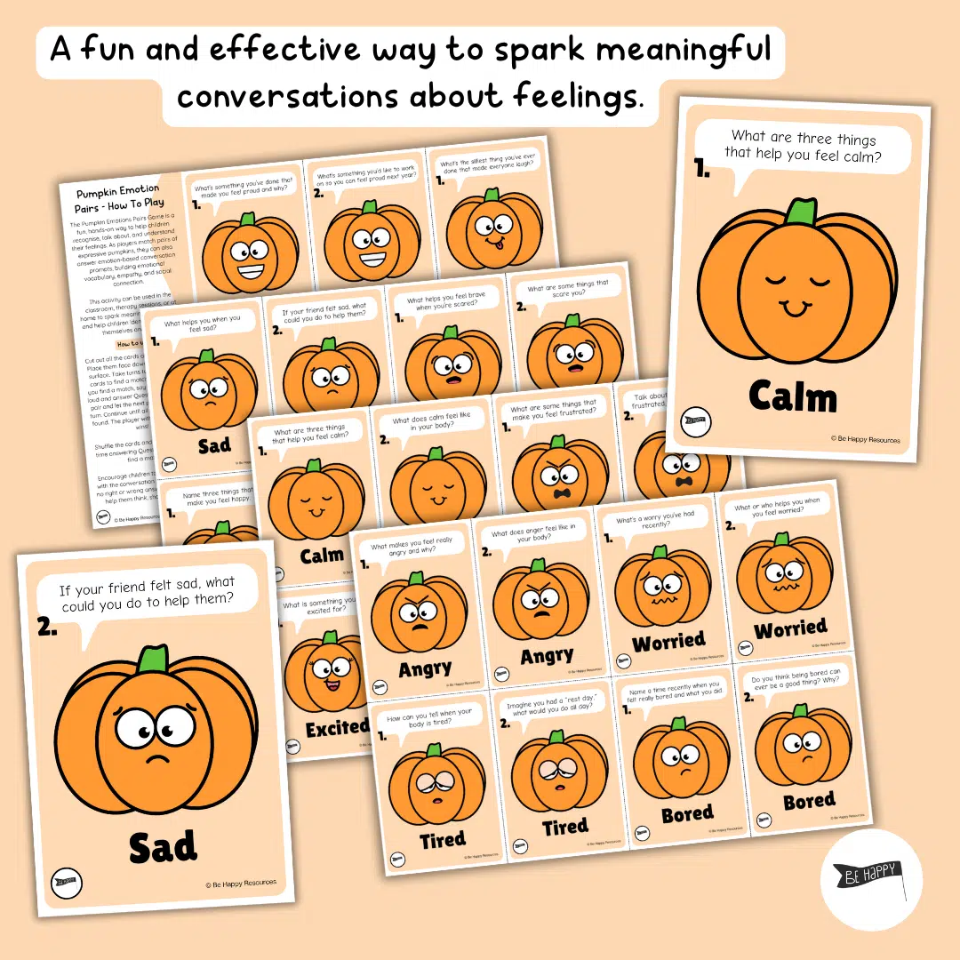 Pumpkin Emotion Pairs Printable Resource - Conversation Starters for Kids by Be Happy Resources